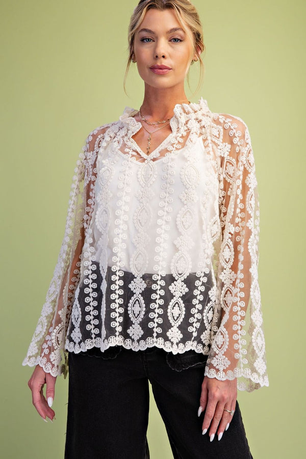 Easel Sheer Lace Blouse with Inset