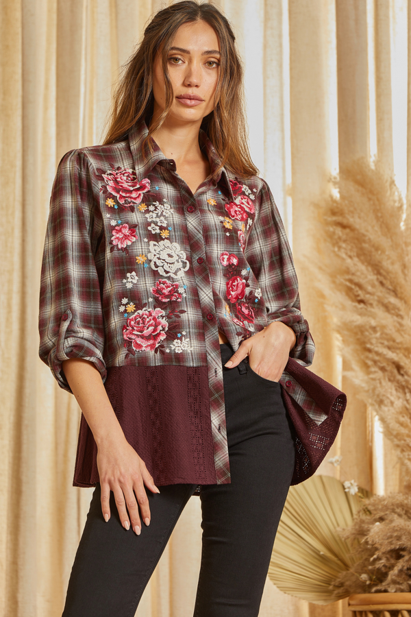 Embroidered Plaid Tunic Top with Classic Floral all over the bodice