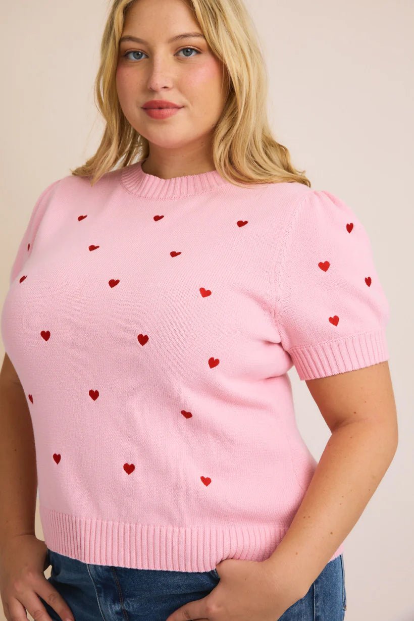 Gilli Round Neck Puff Short Sleeve Heart Embroidered Sweater Top - Blush & Cactus