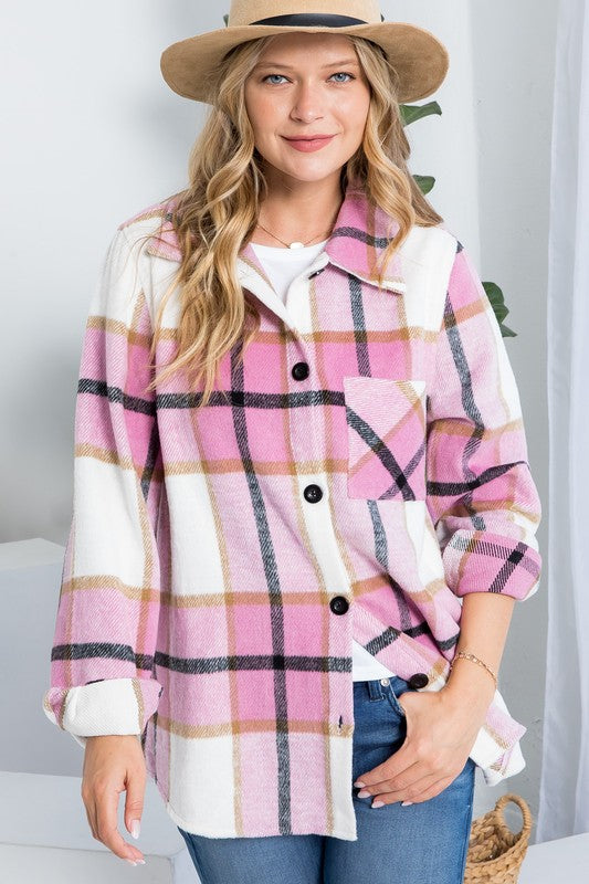 BEST SELLER Pink Plaid Boyfriend Fit Shacket - Chest Pocket - Curvy size