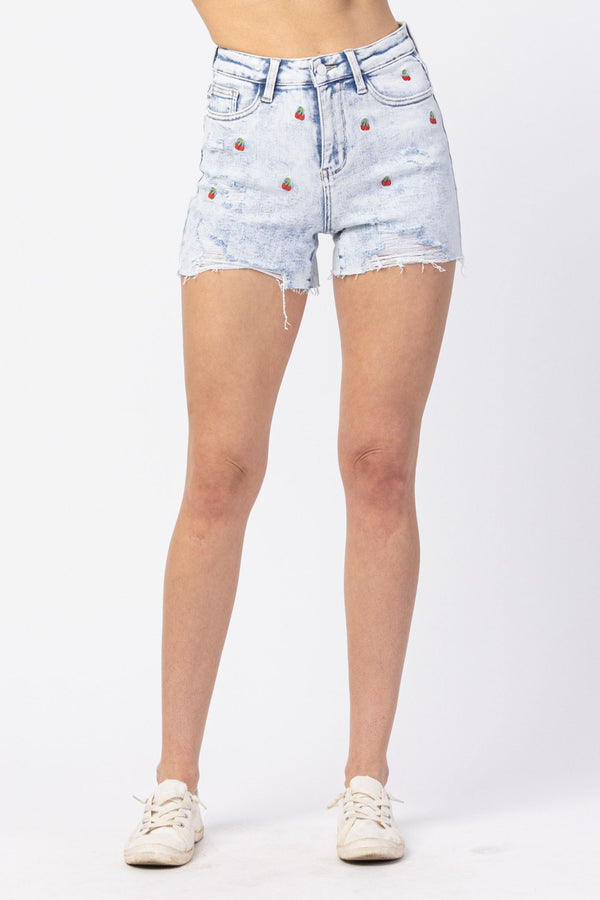 Judy Blue High Waisted Cherry Embroidery Acid Wash Shorts - Curvy size