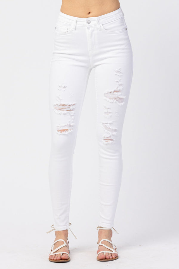 Judy Blue Mid-Rise White Distressed Skinny