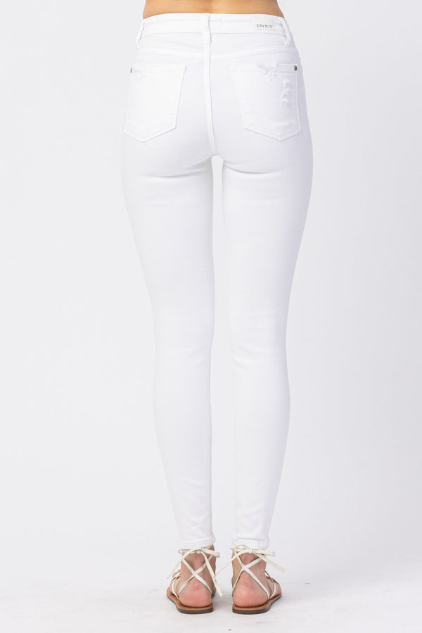 Judy Blue Mid-Rise White Distressed Skinny