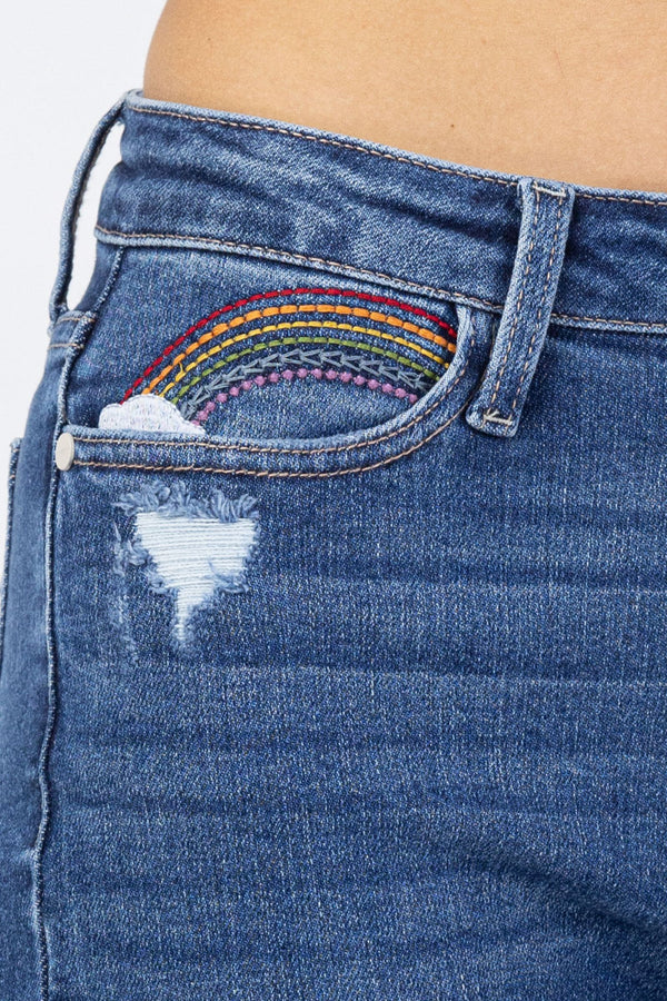 SALE Judy Blue Hi-Rise Rainbow Embroidery Cropped Straight Leg