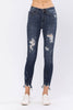 XMAS JULY Judy Blue Mid-Rise Skinny Destressed Hem - Curvy Size