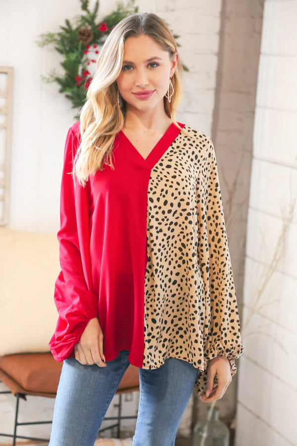 Red & Taupe Leopard Color Block Crepe V neck Top - Curvy Size