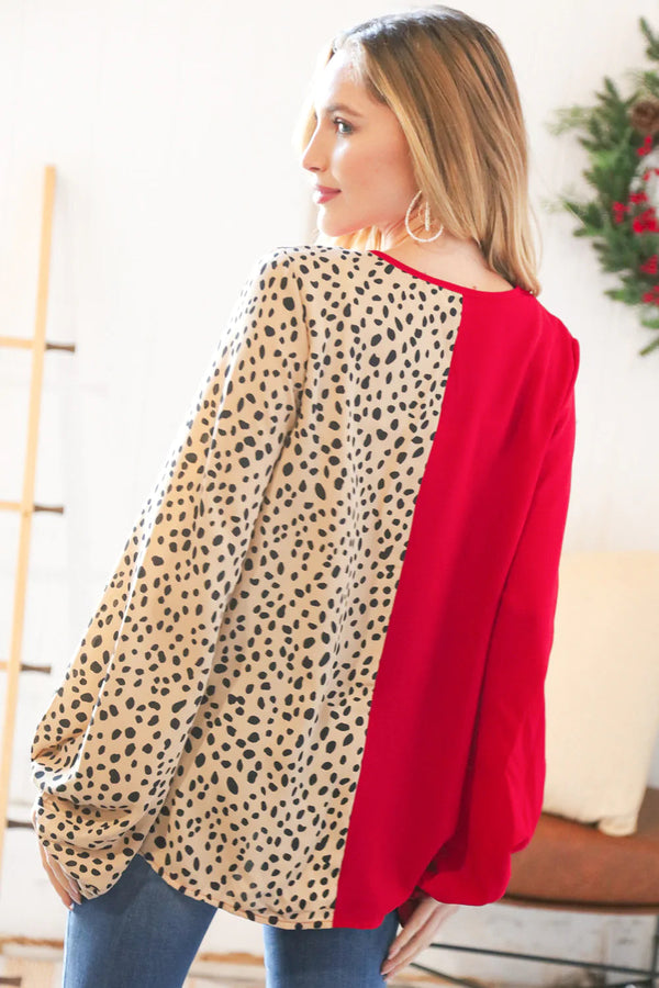 Red & Taupe Leopard Color Block Crepe V neck Top - Curvy Size