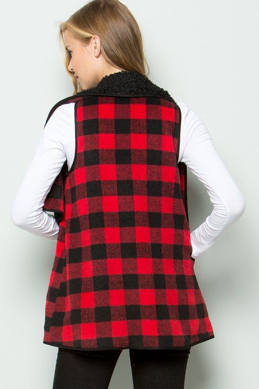 SALE Plaid Fur Open Front Cozy Vest - Blush & Cactus