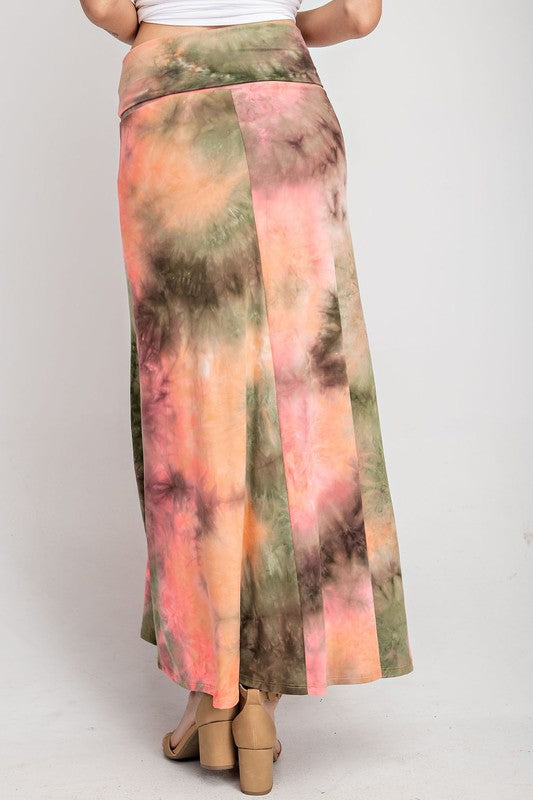 SALE - Olive Coral Tie Dye Maxi Skirt