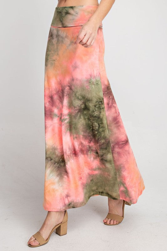 SALE - Olive Coral Tie Dye Maxi Skirt