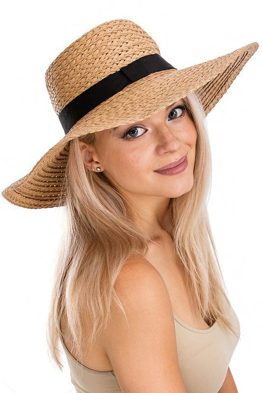 NEW Black Band Detailed Thick Paper Straw Floppy Sun Hat - 2 Colors