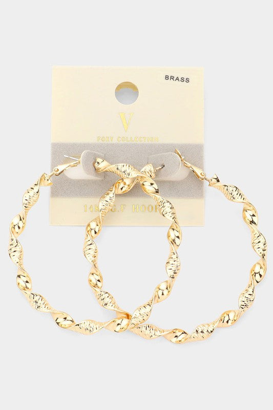 14K Gold Dipped Twisted Metal Hoop Earrings - 2 Colors