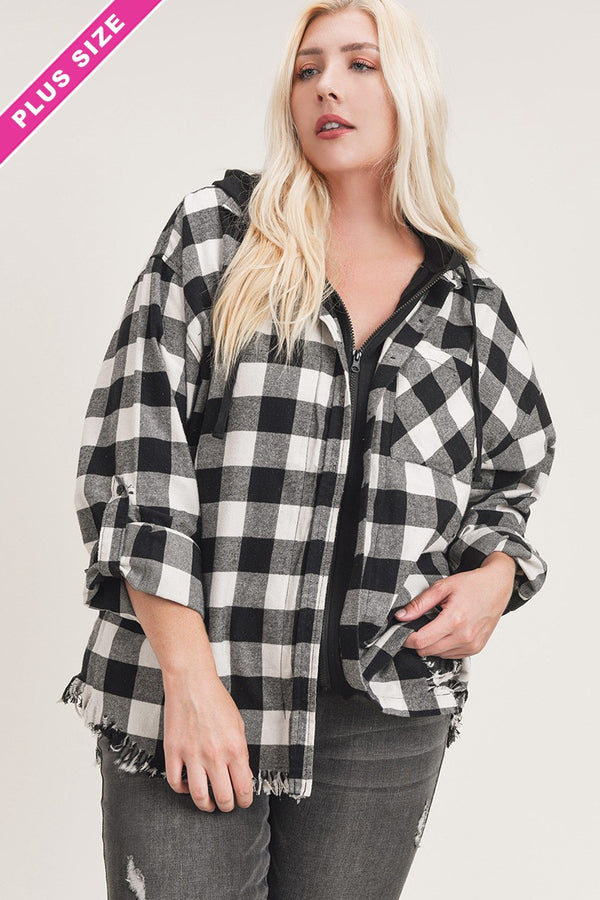 Frayed Hem Oversize Flannel W/Hoodie - Curvy Size