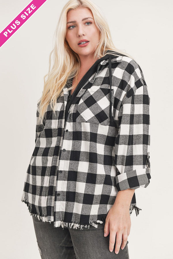 Frayed Hem Oversize Flannel W/Hoodie - Curvy Size