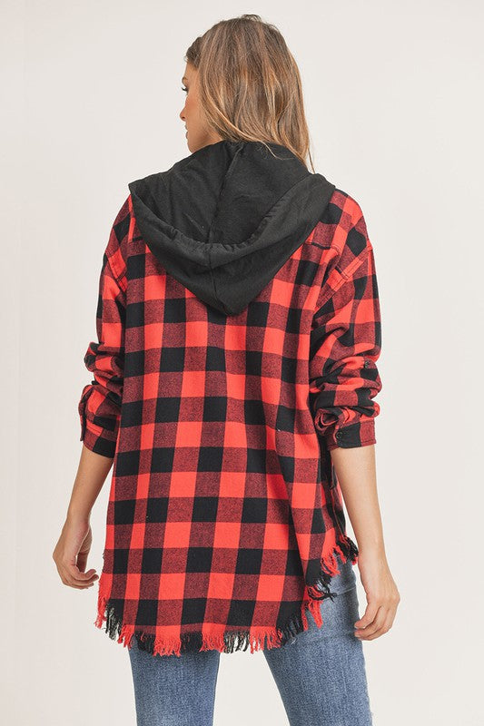 Risen Frayed Hem Oversized Flannel Hoodie - 3 Colors