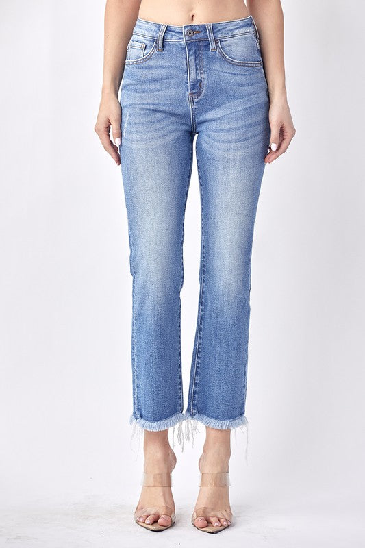 SALE RISEN Mid Rise Raw Hem Straight Leg Jeans - Curvy Size