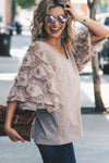Feather Detailed 3/4 Sleeve Slub Top - Curvy Size  6 Colors