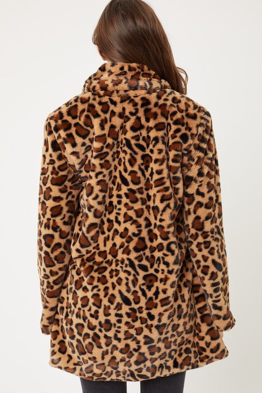 HOT DEAL Leopard Print Notch Collar Faux Fur Teddy Coat