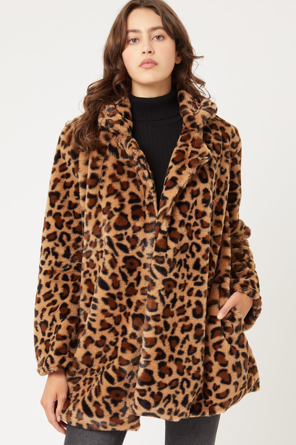 HOT DEAL Leopard Print Notch Collar Faux Fur Teddy Coat