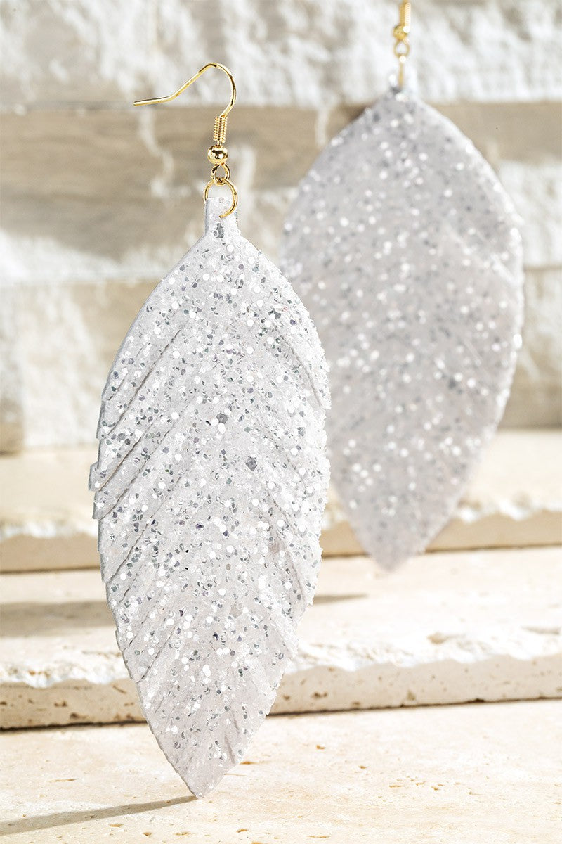 Glitter Leather Feather Shaped Dangle Earrings - 2 Colors
