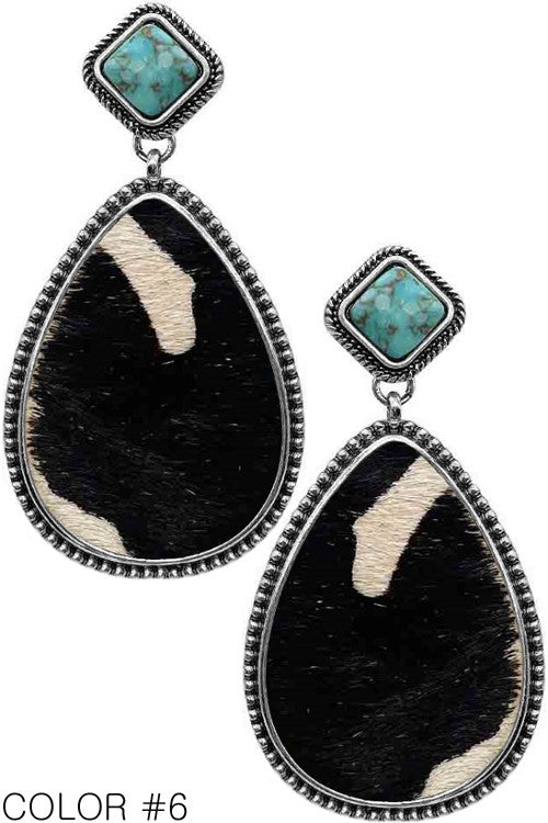 Western Diamond Gemstone Cow Fur Leather Earring - 2 Colors