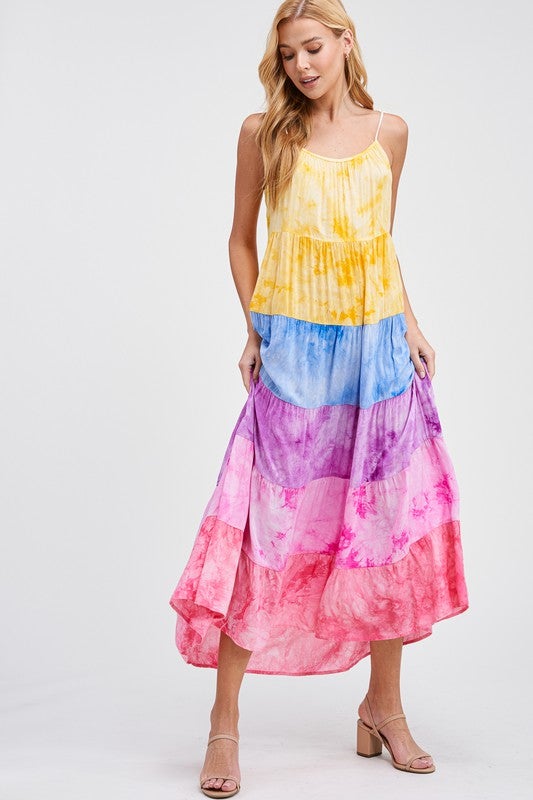 XMAS JULY Rainbow Tiered Maxi Dress w/Tassle Straps - Curvy Size