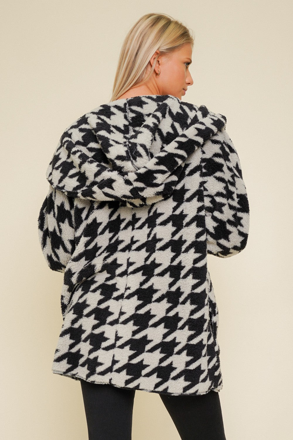 Soft and Cozy Houndstooth Hoodie Sherpa Jacket