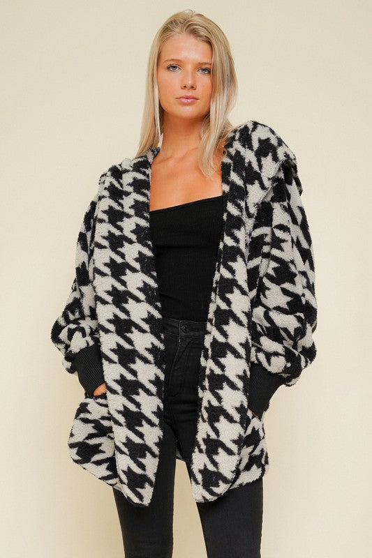 Soft and Cozy Houndstooth Hoodie Sherpa Jacket