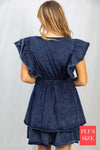SALE - Acid Wash Blue Short Flutter Sleeve Solid Knit Dress - Curvy Size