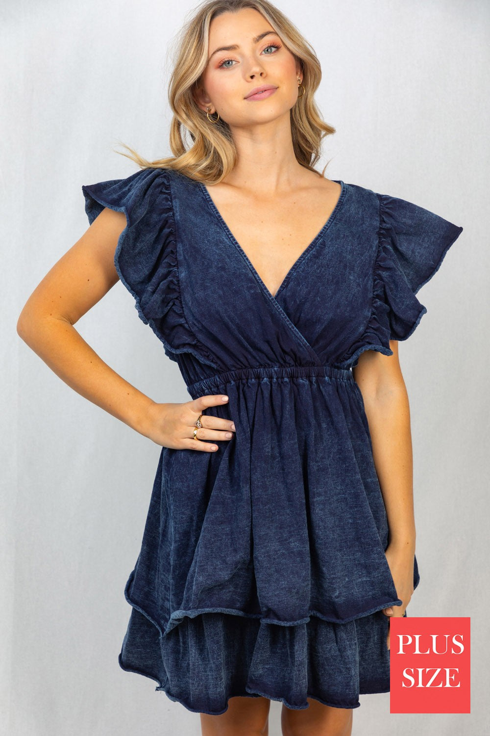 SALE - Acid Wash Blue Short Flutter Sleeve Solid Knit Dress - Curvy Size