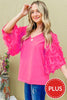 Feather Detailed 3/4 Sleeve Slub Top - Curvy Size  6 Colors