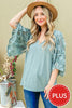 Feather Detailed 3/4 Sleeve Slub Top - Curvy Size  6 Colors