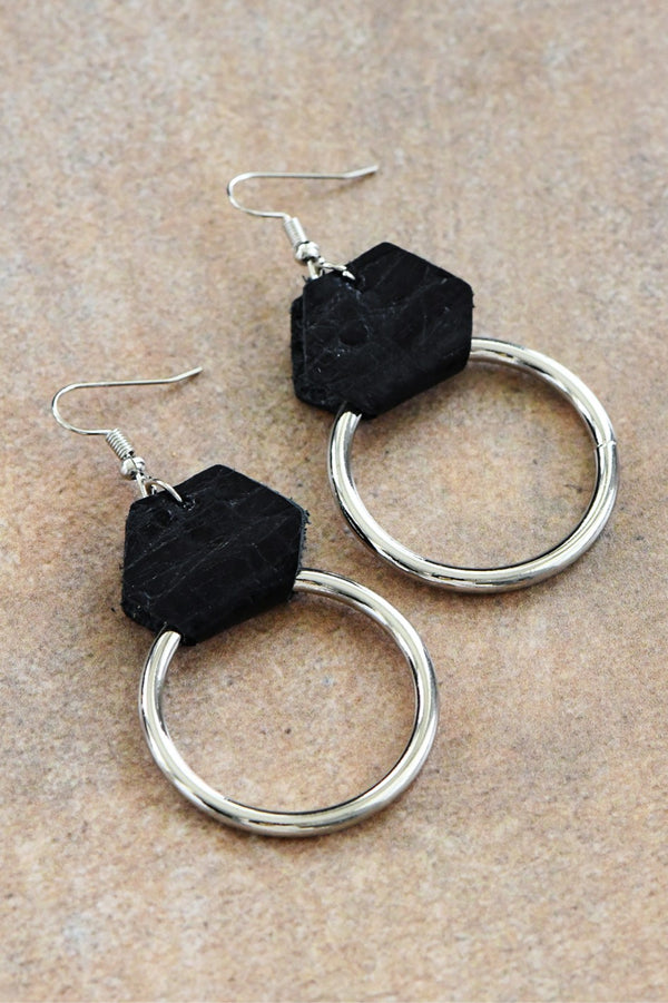 Round Silver Ring Earrings with Leather Accent