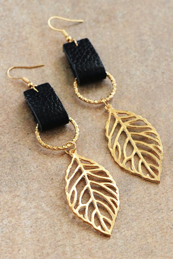 Gold Plated Leaf Drop Earrings with Leather Accent