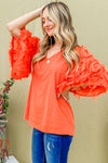 Feather Detailed 3/4 Sleeve Slub Top - Curvy Size  6 Colors