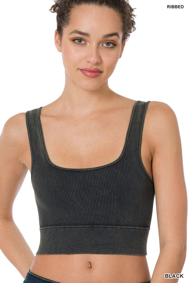 Washed Ribbed Square Neck Cropped Tank Top - 14 Colors