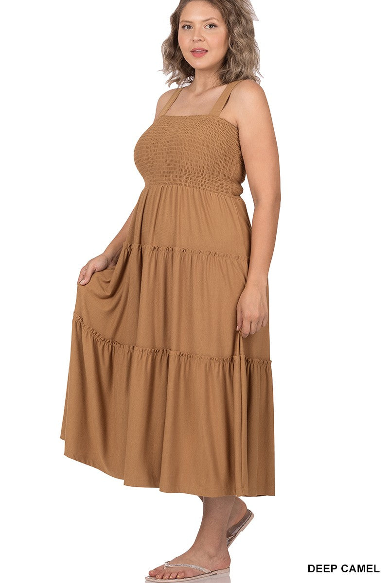 Smocked Tiered Midi Dress - Curvy Size - 5 Colors