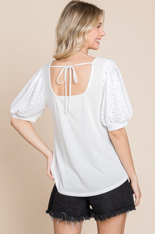 Eyelet Bubble Sleeves Solid Knit Top- 2 Colors