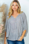 NEW Striped Knit Top w/notched Neckline and Buttons - Curvy Size