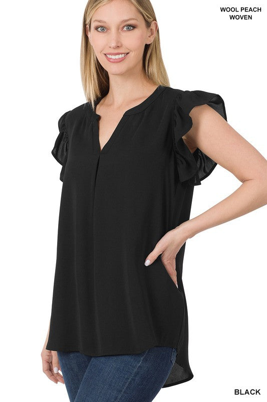 BLACK FRIDAY DOOR BUSTER Woven Ruffle Sleeve High-Low Top - 5 colors