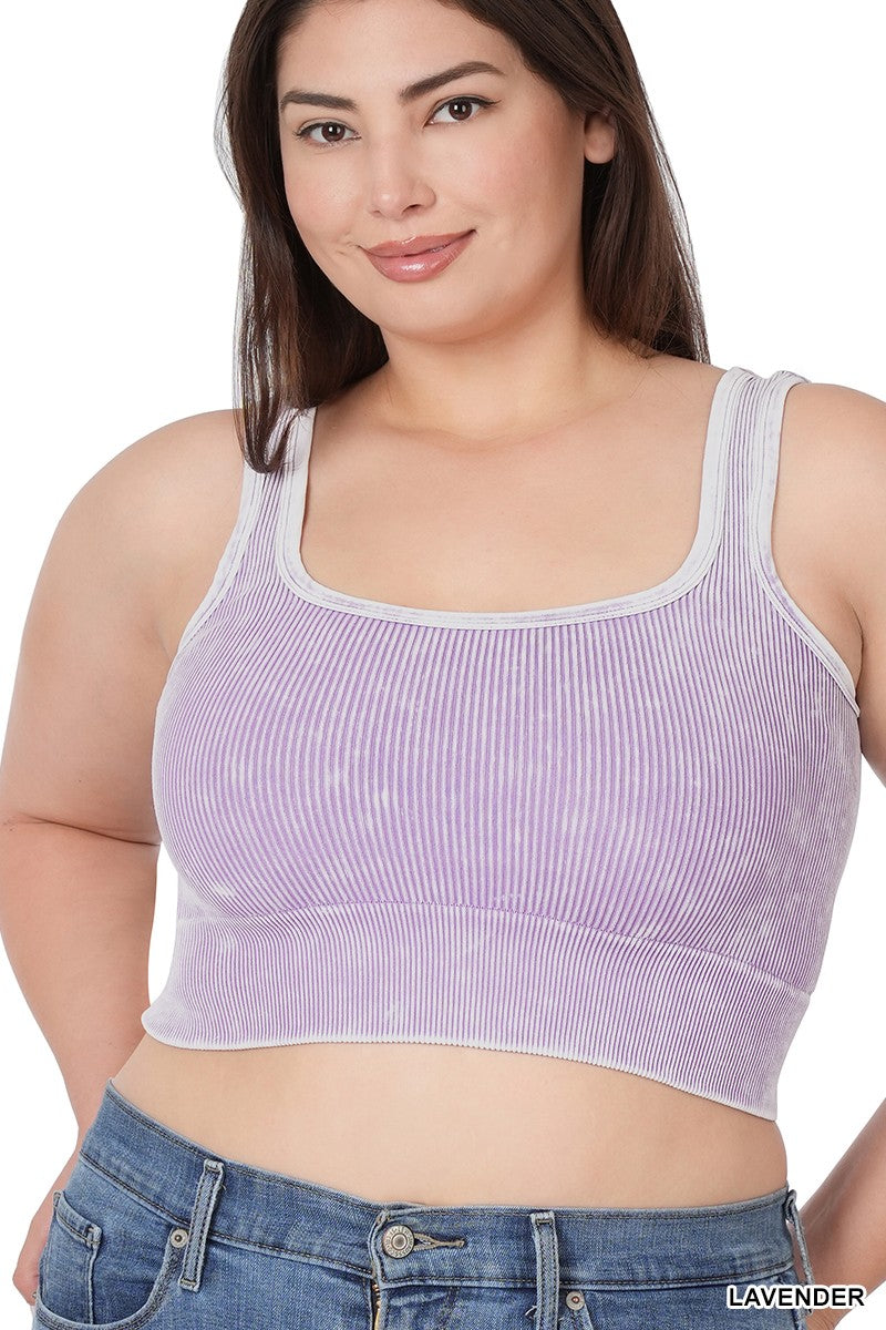 Washed Ribbed Square Neck Cropped Tank Top Curvy - 5 Colors