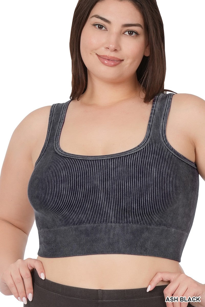 Washed Ribbed Square Neck Cropped Tank Top Curvy - 5 Colors