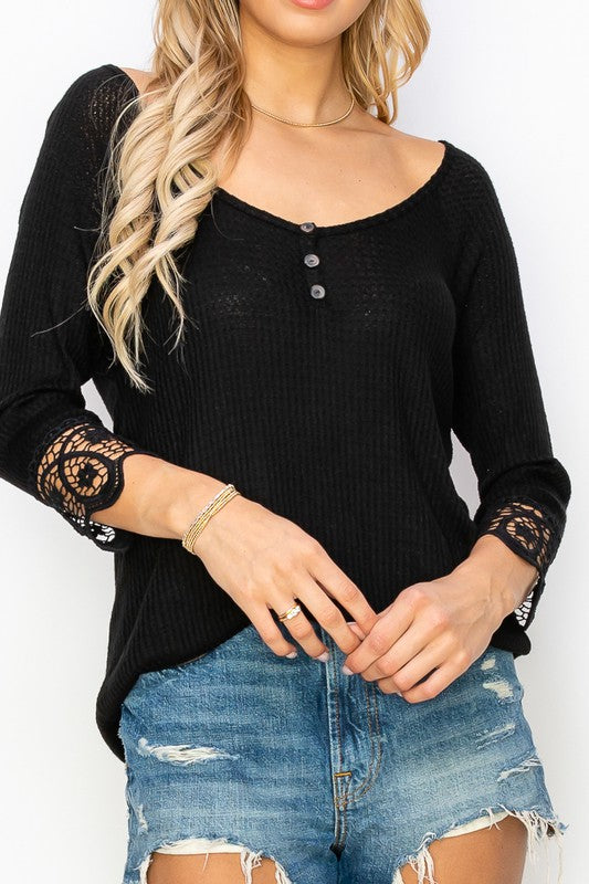 NEW Black Lace Detail Sleeve Wide Neckline Ribbed Fabric Top - Curvy Size