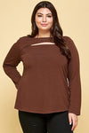 XMAS in July -Solid Cut Out Long Sleeve Top  -Curvy Size -3 Colors