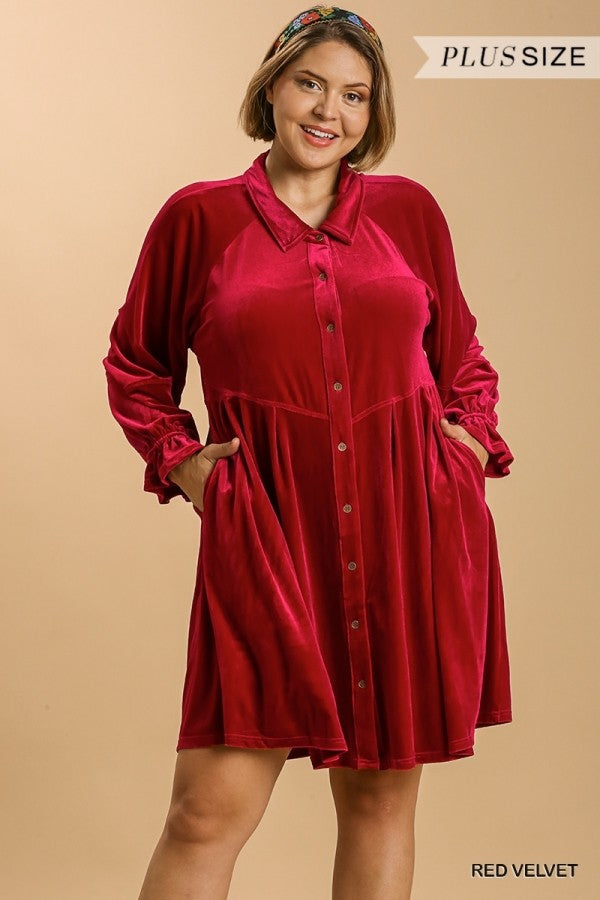 Red Button Down Ruffle Cuffed Long Sleeve Dress -Red Velvet - Curvy Size
