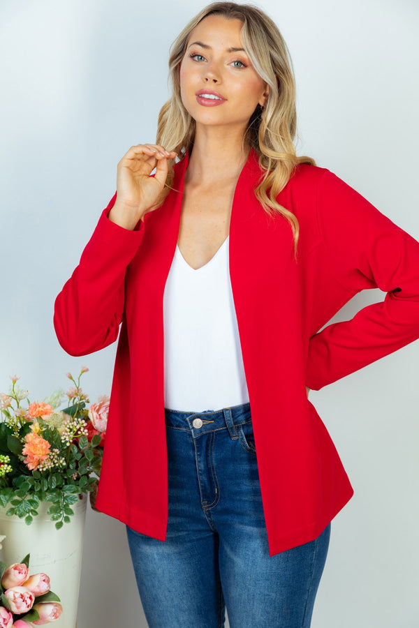 Red Solid Lapelless Blazer With Jacquard Lining