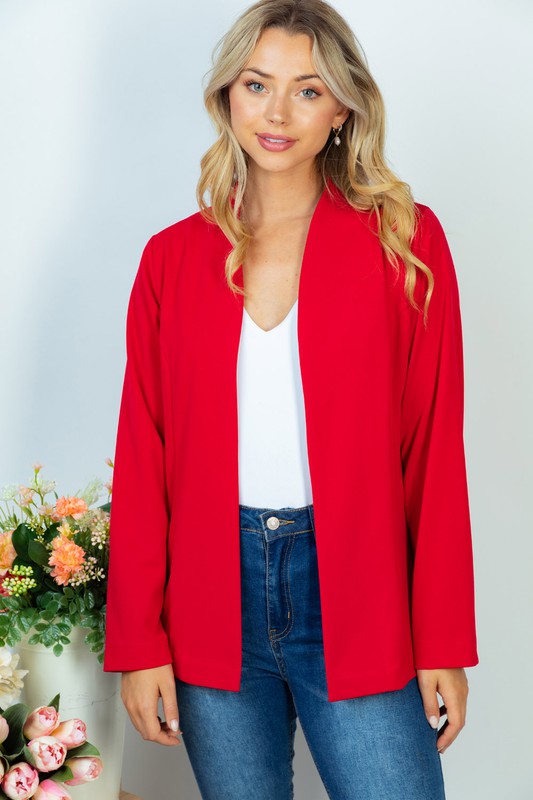 Red Solid Lapelless Blazer With Jacquard Lining - Curvy Size
