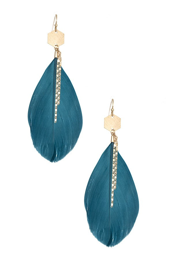 Chain Accent Feather Dangle Earring - 3 Colors