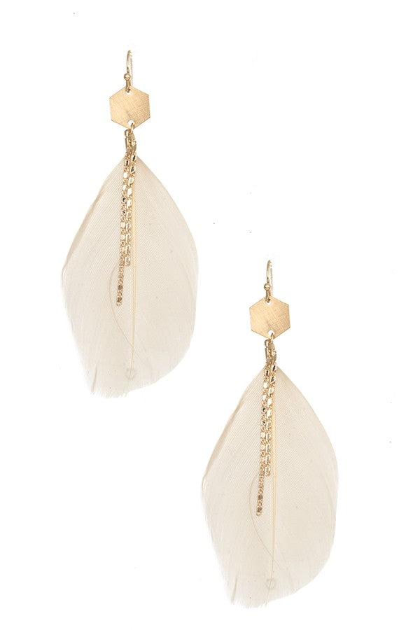 Chain Accent Feather Dangle Earring - 3 Colors