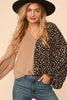 Leopard Half Color Block V Neck Banded Top - Curvy Size